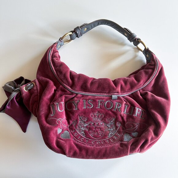 Vintage Y2K Juicy Couture Burgundy Velour Juicy Is For Life Embroidered Bag - Picture 1 of 11